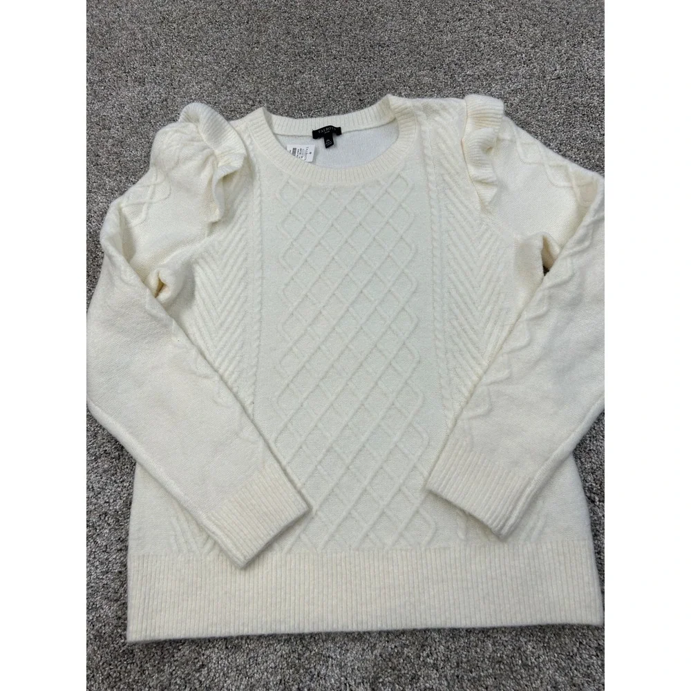 NWT Talbots Petite Ivory Cable Knit Ruffle Shoulder Sweater Cream PM #0674